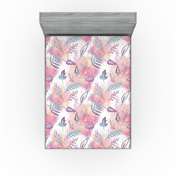 Ambesonne Fantasy Garden Fitted Sheet, Swirling Dreamy Leaf, Queen Size, Pale Fuchsia Sea Blue