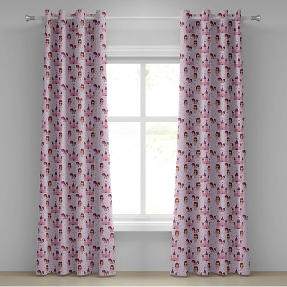 Ambesonne Fantasy Grommet Curtain, Cartoon with Castle Stars, 50" x 96", Pale Mauve Brown Pink