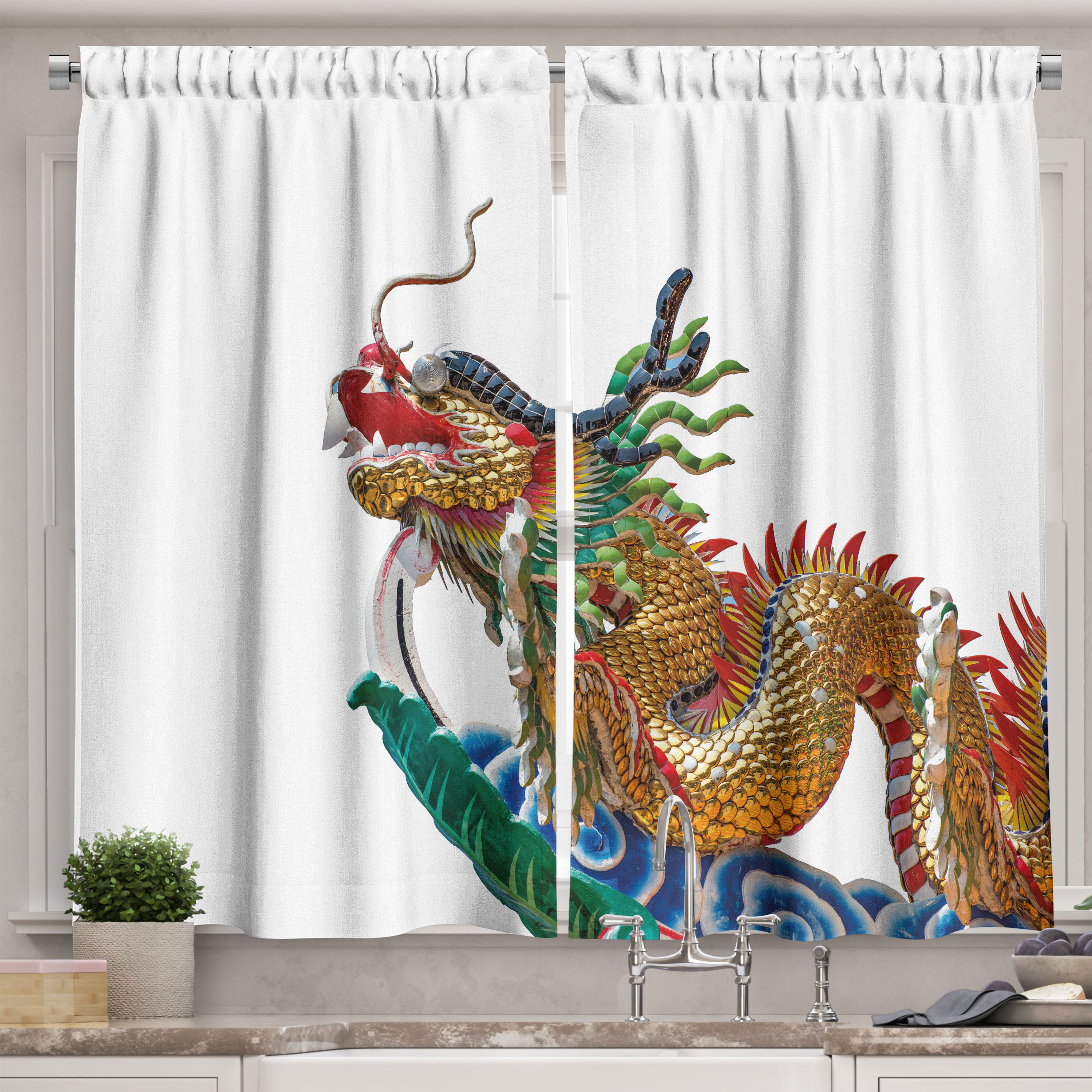 Ambesonne Fantasy Kitchen Curtains, Chinese Dragon Plain Back, 55"x30 ...