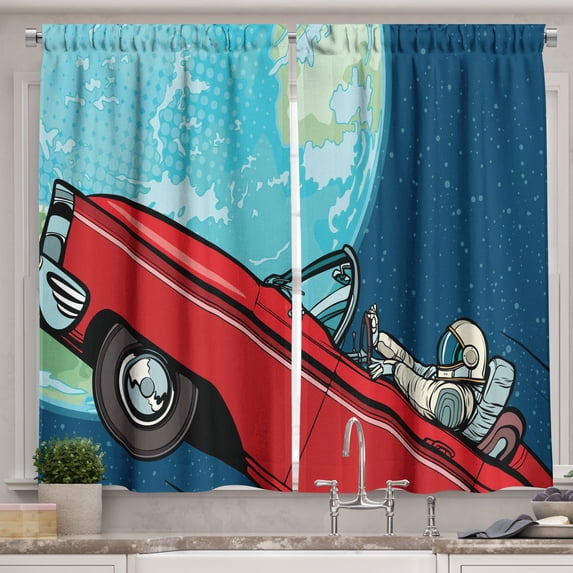 Ambesonne Fantasy Kitchen Curtains, Cosmonaut in a Car, 55"x39", Night Blue Aqua Red