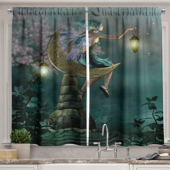 Ambesonne Fantasy Kitchen Curtains, Little Pixie in Forest Art, 55"x45", Yellow Lilac Teal