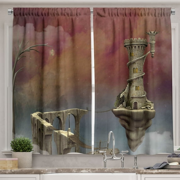Ambesonne Fantasy Kitchen Curtains, Medieval Castle, 55"x45", Burnt Sienna Blue and Tan
