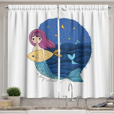Ambesonne Fantasy Kitchen Curtains, Mermaid Fish Night Sea, 55"x39", Multicolor