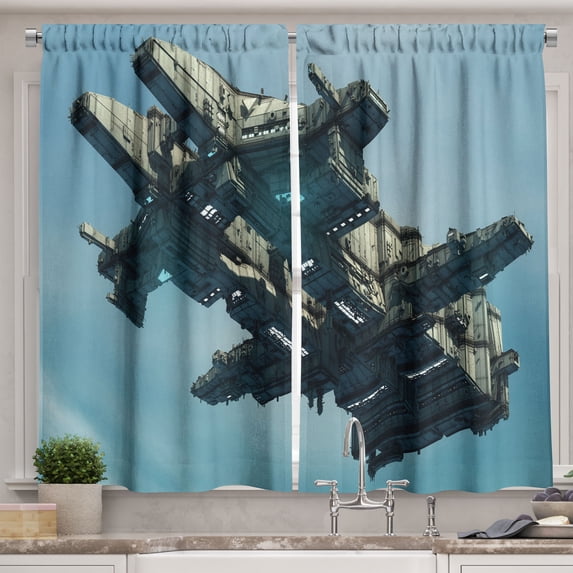 Ambesonne Fantasy Kitchen Curtains, Sci Fi Alien Ship UFO, 55"x39", Pale Blue Grey
