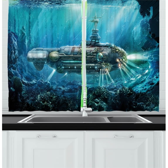 Ambesonne Fantasy Kitchen Curtains, Science Fiction Submarine, 55"x39", Grey and Aqua