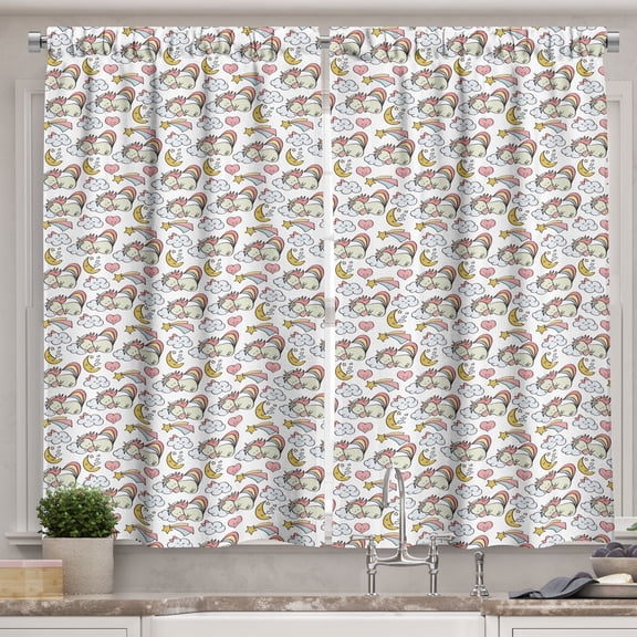 Ambesonne Fantasy Kitchen Curtains, Sleeping Unicorns Cloud Art, 55"x36", Sand Brown Coral and Grey