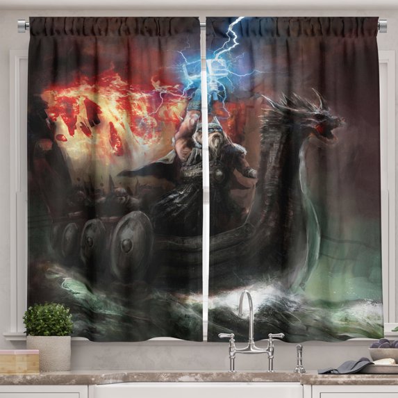 Ambesonne Fantasy Kitchen Curtains, Thunder Storm Vikings, 55"x45", Grey Orange