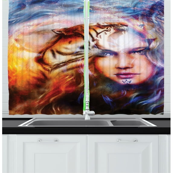 Ambesonne Fantasy Kitchen Curtains, Tiger and Lion Head, 55"x45", Yellow Brown Blue