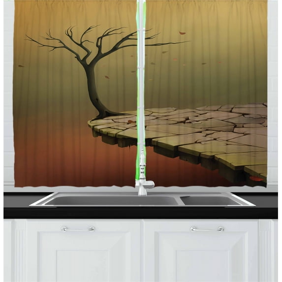 Ambesonne Fantasy Kitchen Curtains, Tree on Cliff Precipice, 55"x39", Sand Brown Cinnamon