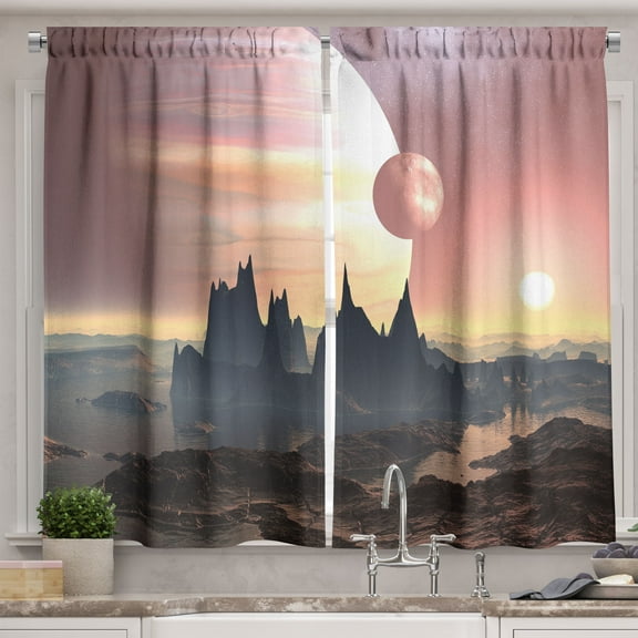 Ambesonne Fantasy Kitchen Curtains, Twin Moons over Planet, 55"x45", Blush Yellow Dark Brown