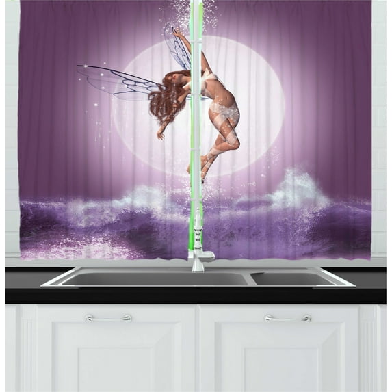 Ambesonne Fantasy Kitchen Curtains, on Purple Waves Moon, 55"x45", Eggplant Quartz Pale Rust
