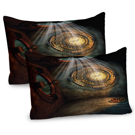 Ambesonne Fantasy Pillow Sham 2 Pack, Clock Dream Sky Fiction, 26"x20", Brown and Teal