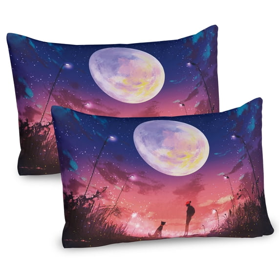 Ambesonne Fantasy Pillow Sham 2 Pack, Dog Under Huge Moon, 26"x20", Navy Coral