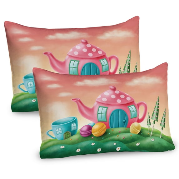 Ambesonne Fantasy Pillow Sham 2 Pack, Polka Dotted Tea Pot, 36"x20", Fern Green and Coral