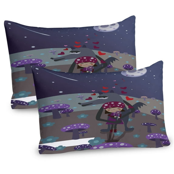 Ambesonne Fantasy Pillow Sham 2 Pack, Red Riding Hood and Wolf, 36"x20", Violet and Taupe