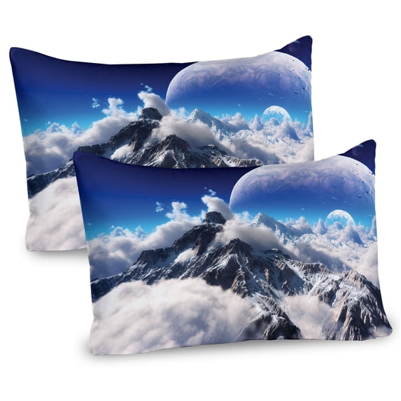 Ambesonne Fantasy Pillow Sham 2 Pack, Snow Capped Mountain, 30"x20", White and Navy Blue