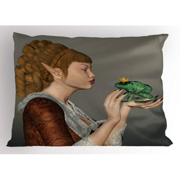 Ambesonne Fantasy Pillow Sham, Cartoon Kissing Frog, 26" X 20", Multicolor