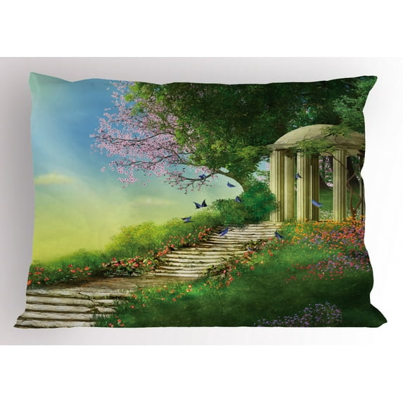 Ambesonne Fantasy Pillow Sham, Gazebo at the Top of a Hill, 26" X 20", Multicolor