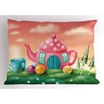 thumbnail image 1 of Ambesonne Fantasy Pillow Sham, Polka Dotted Tea Pot, 36" X 20", Fern Green and Coral, 1 of 2