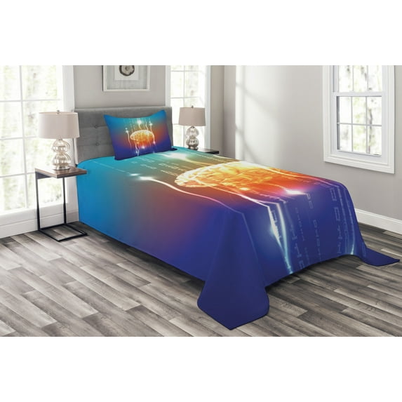 Ambesonne Fantasy Quilted Bedspread Set 2 Pcs, Abstract Binary Digit, Twin Size, Multicolor