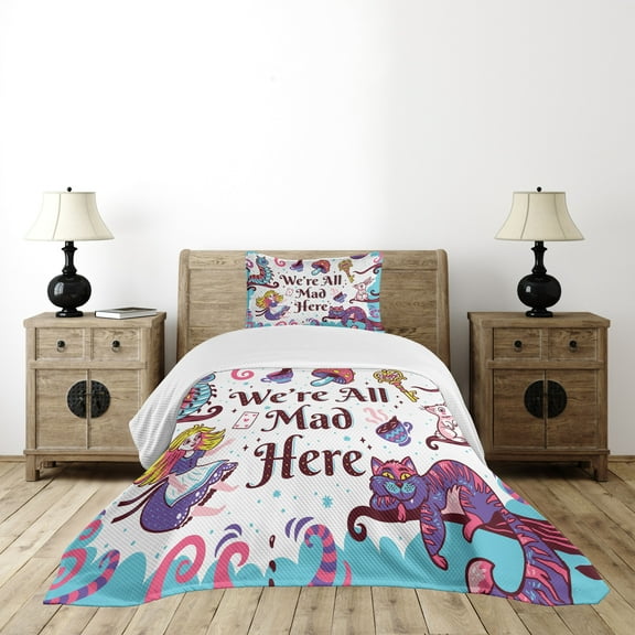 Ambesonne Fantasy Quilted Bedspread Set 2 Pcs, Alice in Wonderland, Twin Size, Multicolor