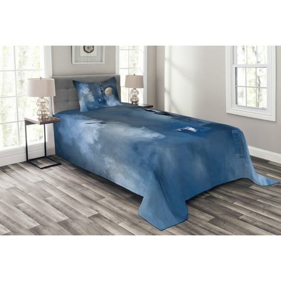 Ambesonne Fantasy Quilted Bedspread Set 2 Pcs, Castle on Clouds Gothic, Twin Size, Dark Blue