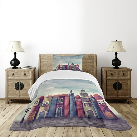 Ambesonne Fantasy Quilted Bedspread Set 2 Pcs, City of Old Books Birds, Twin Size, Red and Blue