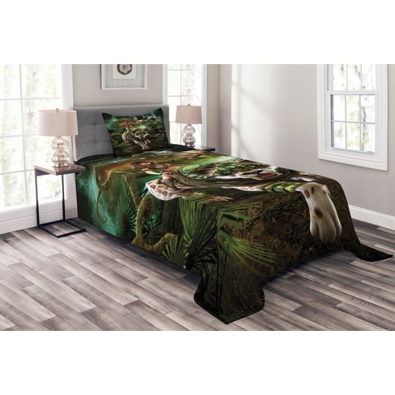 Ambesonne Fantasy Quilted Bedspread Set 2 Pcs, Fantasy Tiger Galaxy, Twin Size, Green