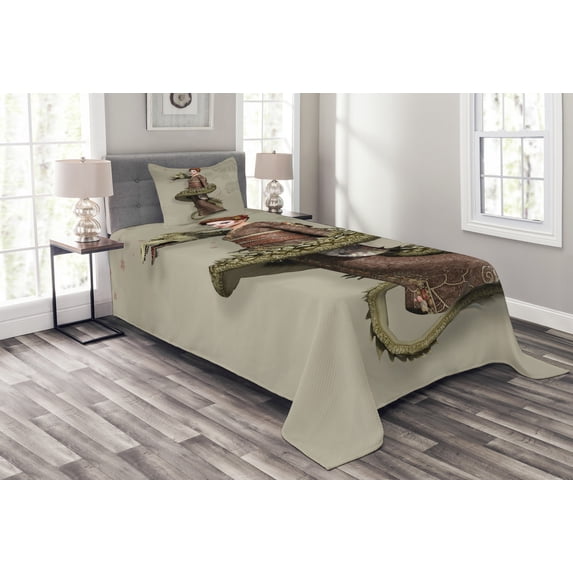 Ambesonne Fantasy Quilted Bedspread Set 2 Pcs, Geisha with Huge Dragon, Twin Size, Olive Green Eggshell