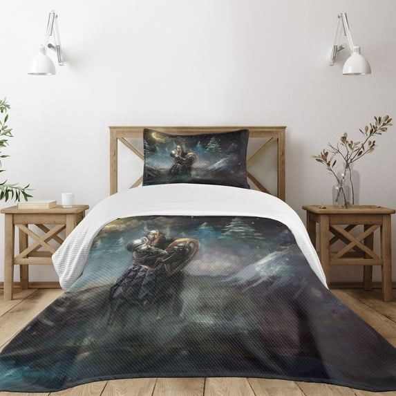 Ambesonne Fantasy Quilted Bedspread Set 2 Pcs, Medieval Dwarf Knight, Twin Size, Multicolor