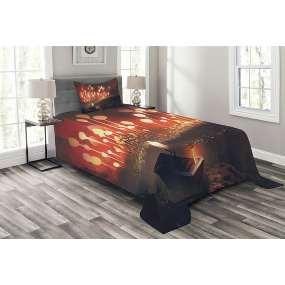 Ambesonne Fantasy Quilted Bedspread Set 2 Pcs, Night Scenery, Twin Size, Ruby and Yellow