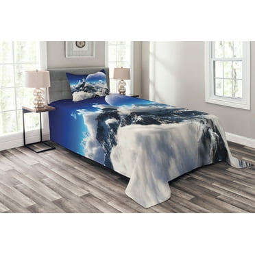 Ambesonne Fantasy Quilted Bedspread Set 2 Pcs, Snow Capped Mountain, Twin Size, White and Navy Blue
