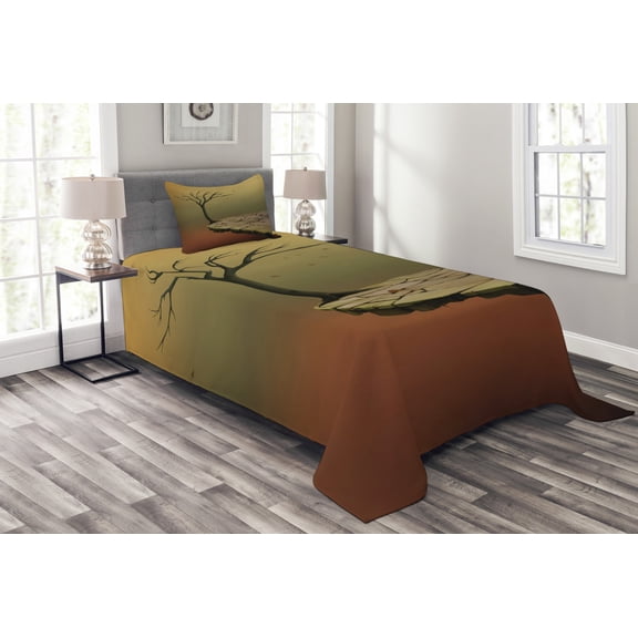 Ambesonne Fantasy Quilted Bedspread Set 2 Pcs, Tree on Cliff Precipice, Twin Size, Sand Brown Cinnamon