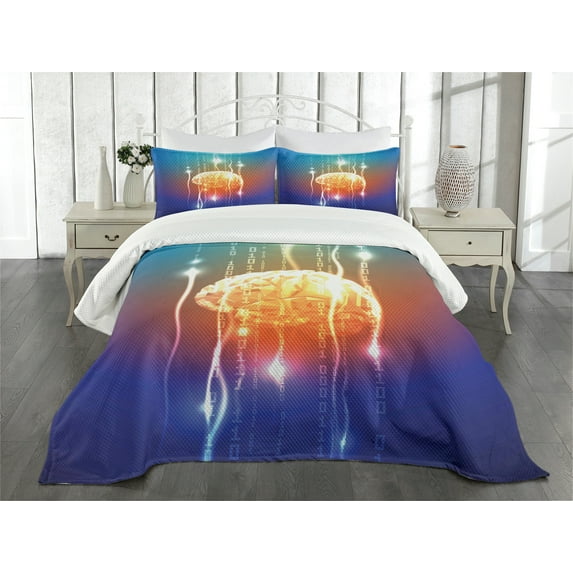 Ambesonne Fantasy Quilted Bedspread Set 3 Pcs, Abstract Binary Digit, Queen Size, Multicolor
