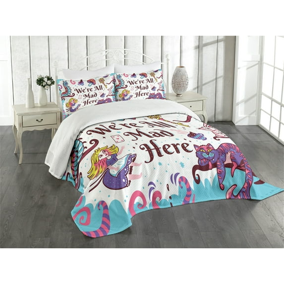 Ambesonne Fantasy Quilted Bedspread Set 3 Pcs, Alice in Wonderland, Queen Size, Multicolor