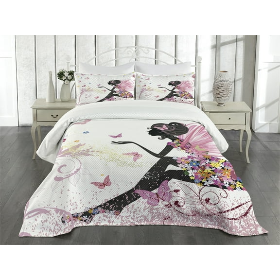 Ambesonne Fantasy Quilted Bedspread Set 3 Pcs, Butterfly Lady in Flowers, King Size, Multicolor