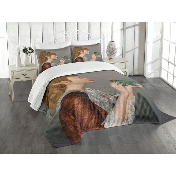 Ambesonne Fantasy Quilted Bedspread Set 3 Pcs, Cartoon Kissing Frog, Queen Size, Multicolor