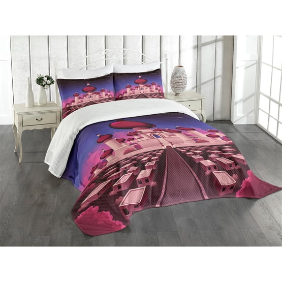 Ambesonne Fantasy Quilted Bedspread Set 3 Pcs, Castle at Night, King Size, Indigo Magenta Pink
