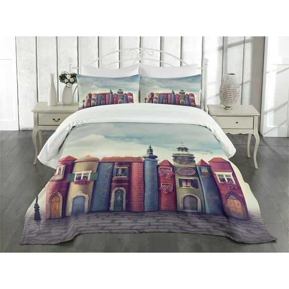 Ambesonne Fantasy Quilted Bedspread Set 3 Pcs, City of Old Books Birds, Queen Size, Red and Blue