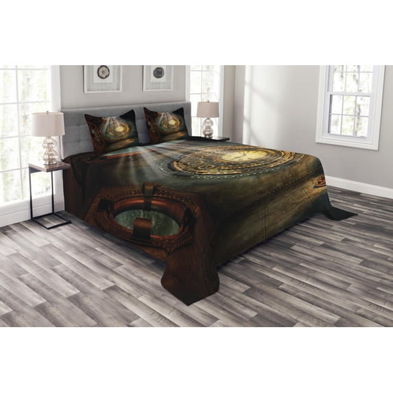 Ambesonne Fantasy Quilted Bedspread Set 3 Pcs, Clock Dream Sky Fiction, Queen Size, Brown and Teal