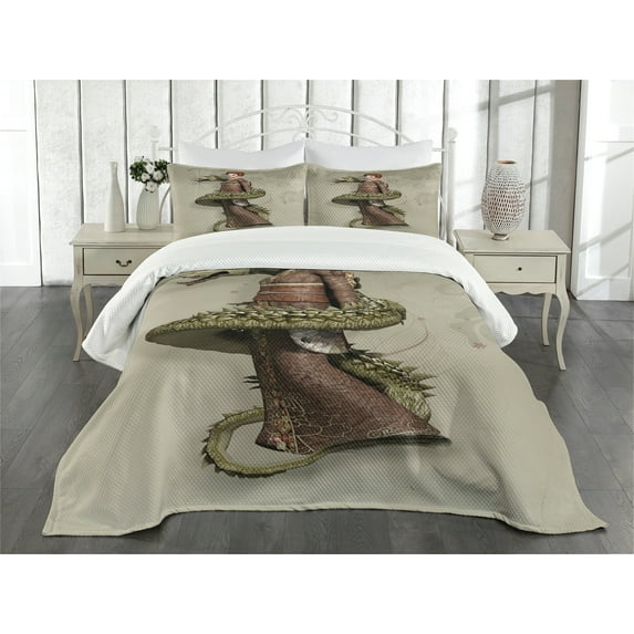 Ambesonne Fantasy Quilted Bedspread Set 3 Pcs, Geisha with Huge Dragon, King Size, Olive Green Eggshell