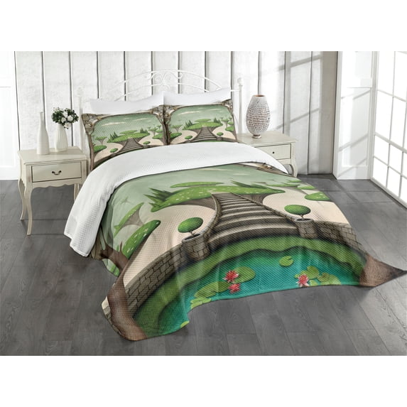 Ambesonne Fantasy Quilted Bedspread Set 3 Pcs, Hanging Islands Pond, King Size, Umber Green Turquoise