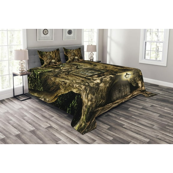 Ambesonne Fantasy Quilted Bedspread Set 3 Pcs, House Tree, Queen Size, Umber Brown
