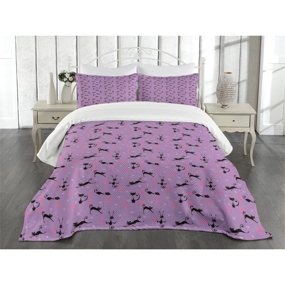 Ambesonne Fantasy Quilted Bedspread Set 3 Pcs, Kittens Art Hearts Pattern, King Size, Violet Black Pink