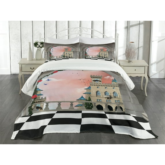 Ambesonne Fantasy Quilted Bedspread Set 3 Pcs, Medieval Castle Balcony, Queen Size, Multicolor