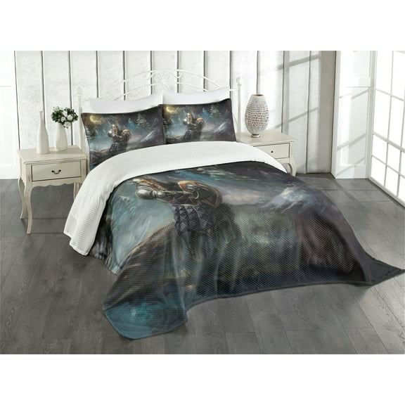 Ambesonne Fantasy Quilted Bedspread Set 3 Pcs, Medieval Dwarf Knight, King Size, Multicolor