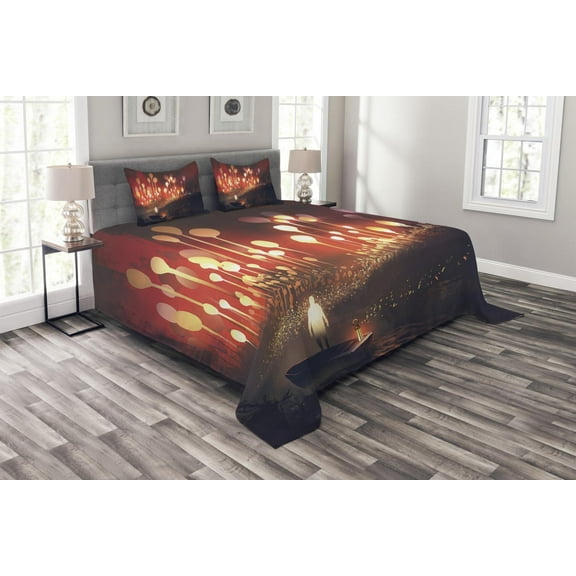 Ambesonne Fantasy Quilted Bedspread Set 3 Pcs, Night Scenery, Queen Size, Ruby and Yellow