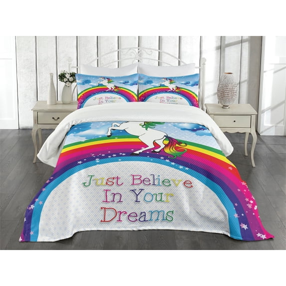 Ambesonne Fantasy Quilted Bedspread Set 3 Pcs, Unicorn Rainbow Fantasy, King Size, Multicolor