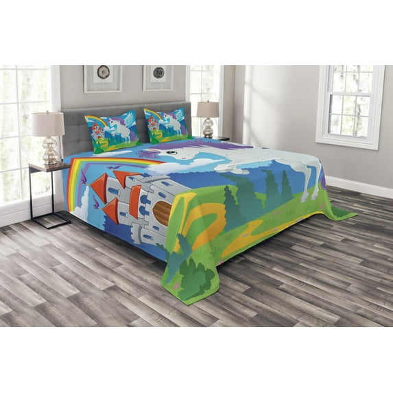 Ambesonne Fantasy Quilted Bedspread Set 3 Pcs, Unicorn with Rainbow, King Size, Multicolor