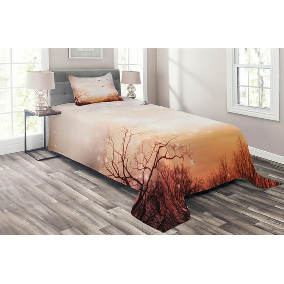 Ambesonne Fantasy Quilted Coverlet 2 Pcs, Butterflies Trees Sky, Twin Size, Pale Pink Orange